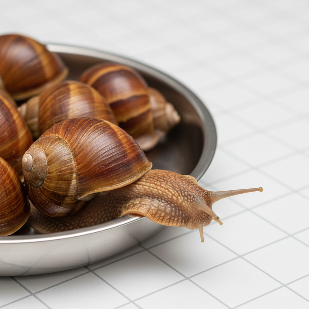 A close-up photographic image of several large, glossy brown African land snails arranged in a shallow, stainless-steel inspection tray, each shell showing detailed spiral patterns and subtle variations in color and texture. The tray rests on a clean white surface with faint grid markings, suggesting a professional export facility. Cool, diffused overhead lighting creates gentle reflections on the moist shells and soft, crisp shadows along the edges. Shot at eye level with a shallow depth of field, the frontmost snail in sharp focus and the background softly blurred. The mood is professional and meticulous, emphasizing quality and care in premium snail exports, with a clean, modern, documentary realism aesthetic.