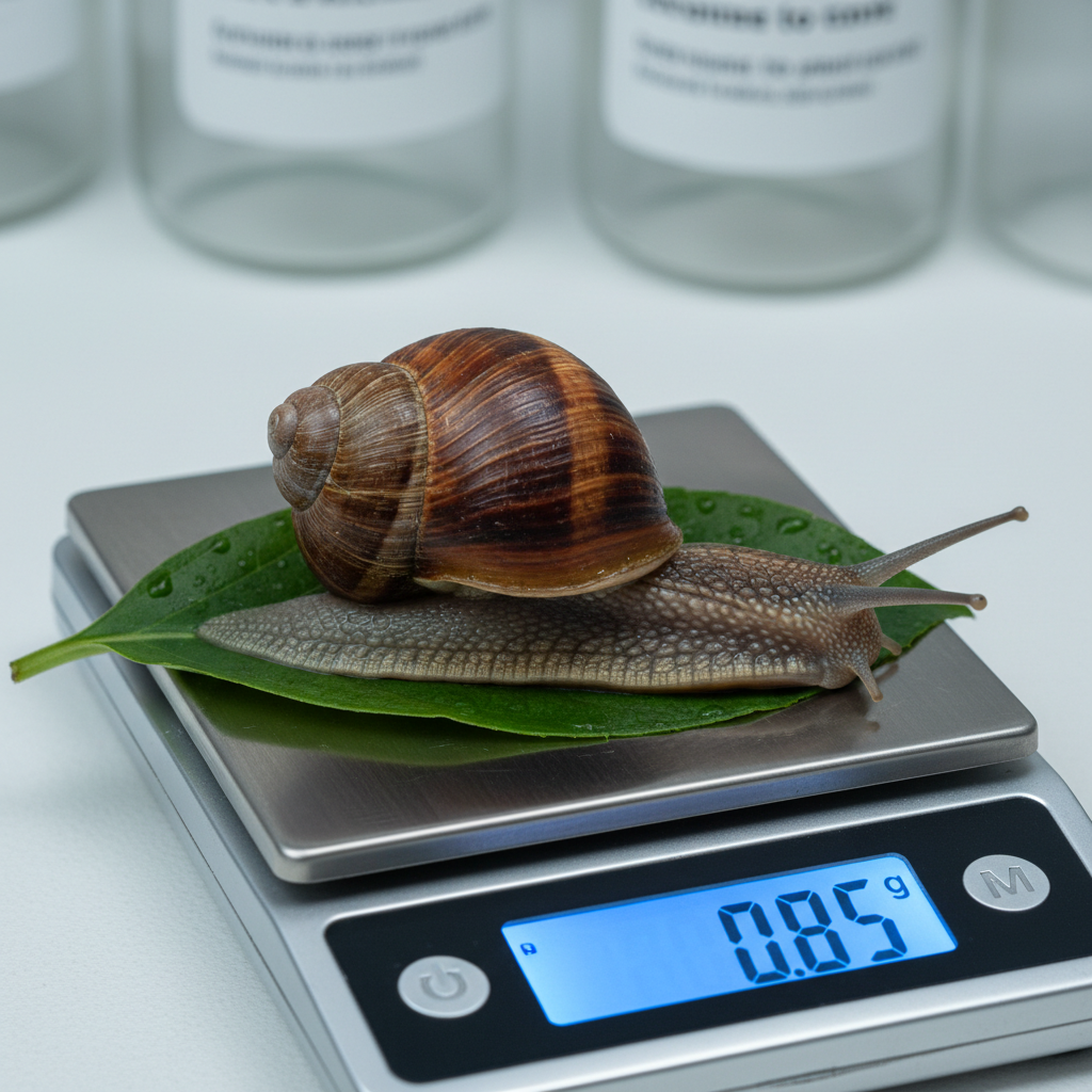 A detailed macro-style photographic image of a single premium export-grade snail resting on a moist, dark-green leaf placed atop a stainless-steel digital weighing scale. The snail’s shell shows rich brown and amber tones with finely textured growth lines, while its body appears firm and healthy, glistening slightly under the light. The digital display on the scale clearly shows an exact weight, framed but not dominating the image. The background is a softly blurred, clean laboratory-style counter with subtle hints of labeled containers. Cool, diffused studio lighting from the side creates gentle highlights along the shell curves and precise shadows beneath the scale. The composition uses the rule of thirds, emphasizing precision, quality control, and scientific rigor in the export process.