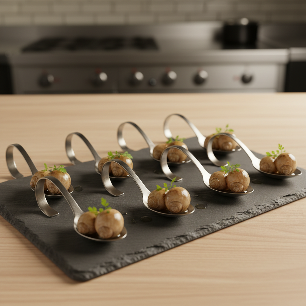 A high-end culinary presentation of export-quality snail meat displayed on a rectangular slate serving board, positioned on a light wooden table. Perfectly cleaned, plump snail medallions rest in gleaming stainless-steel tasting spoons, each placed with precise spacing, accompanied by small green herb garnishes and a drizzle of clear sauce for shine. The background shows a blurred, modern professional kitchen surface with neutral tones, no people visible. Warm, directional overhead lighting creates appetizing highlights on the snail meat’s surface and soft shadows along the slate’s textured edge. Captured from a slightly elevated three-quarter angle with shallow depth of field, the mood is refined, premium, and globally appealing, emphasizing the quality and versatility of Ugandan snail exports in realistic, high-end food photography style.