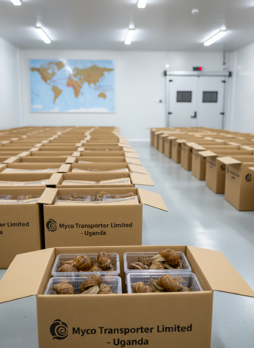 A spacious, spotless export packing room featuring rows of sturdy, labeled cardboard cartons printed with “Myco Transporter Limited – Uganda” and a stylized snail icon. In the foreground, an open carton reveals neatly lined, ventilated plastic crates containing carefully arranged live snails, their shells uniformly sized and polished. The cartons sit on a smooth light-grey epoxy floor beneath bright, evenly distributed fluorescent lighting that eliminates harsh shadows. A large world map and a visible temperature-controlled cold room door appear slightly out of focus in the background. Captured from a slightly elevated angle with sharp focus throughout, the scene feels organized, efficient, and globally connected, conveying professional photographic realism and trust in international snail export logistics.