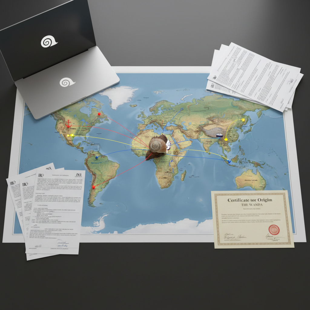A photographic, bird’s-eye view of Uganda on a large printed logistics map spread across a dark, smooth planning table. A small, detailed snail shell rests precisely on Uganda, while thin, brightly colored string routes extend from it to major global destinations like Europe, Asia, and North America, each ending at a tiny labeled port icon. Around the map, neatly arranged export documents, a stamped certificate of origin, and a closed laptop bearing a minimalist snail logo enhance the professional context. Soft, diffused overhead lighting creates even illumination with subtle paper texture shadows. The composition is clean and organized, with the focal point on Uganda and the shell, symbolizing “From Uganda to the World.” The atmosphere is strategic, global, and trustworthy, rendered in sharp, documentary-style photographic realism.