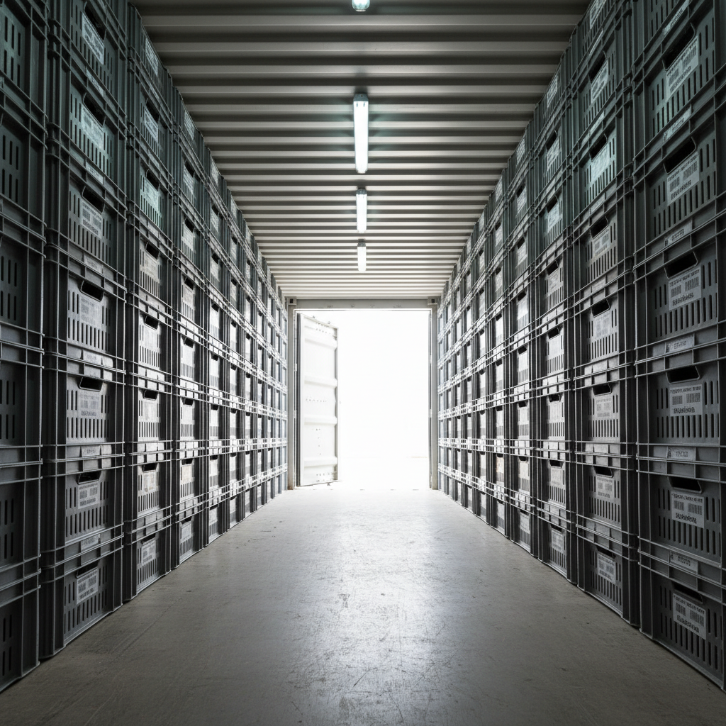 A cool, climate-controlled export container interior fitted with neatly stacked, ventilated plastic snail crates, each crate uniform in size and marked with barcodes and “Product of Uganda.” The crates form orderly columns along the container walls, with a clear central aisle stretching toward the open door at the far end, where daylight softly spills in. Overhead LED strip lighting casts even, neutral illumination, enhancing the clean, metallic textures of the container’s ribbed walls and the matte surfaces of the crates. Shot from a low, centered perspective looking outward, the image has strong leading lines and deep focus, conveying reliability, scalability, and professional transport standards in a realistic, logistics-focused photographic style.