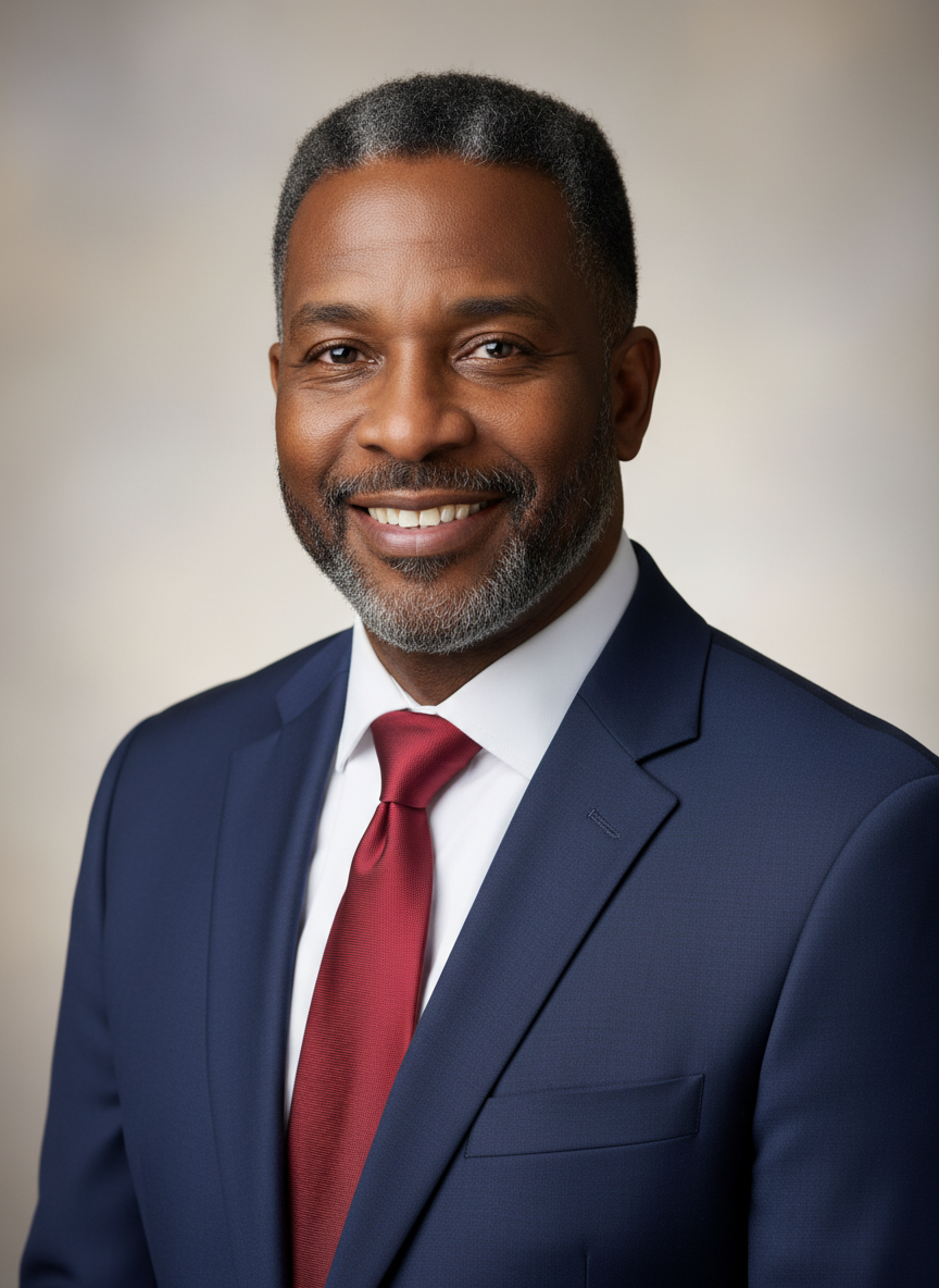 Professional studio-style headshot of an experienced African export manager in business attire, soft neutral background, friendly and trustworthy expression.
