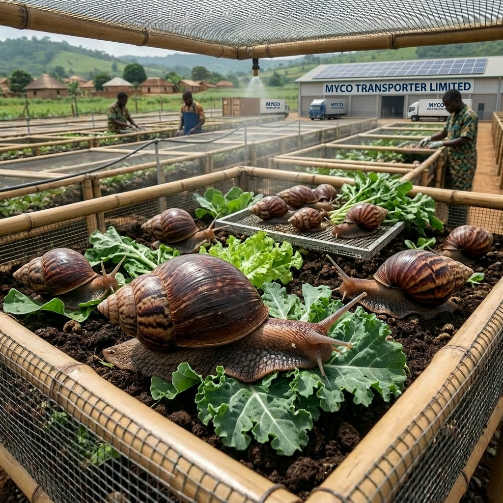 Workers inspecting and sorting snails on raised mesh tables outdoors