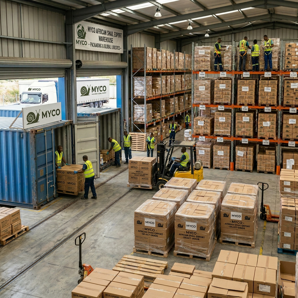 African snail export warehouse MYCO branding only