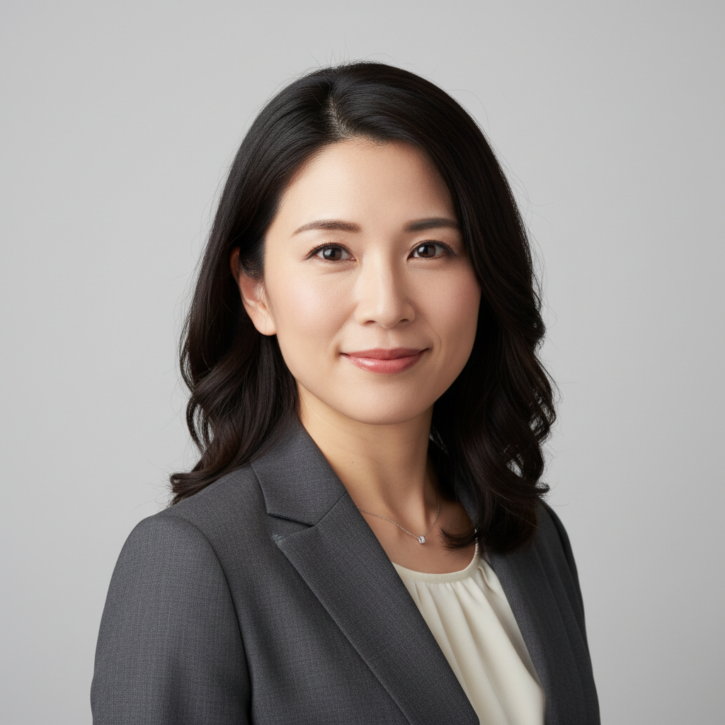 Professional studio-style headshot of a Japanese businesswoman in her 30s, neutral background, natural lighting, realistic corporate portrait, high detail, authentic expression