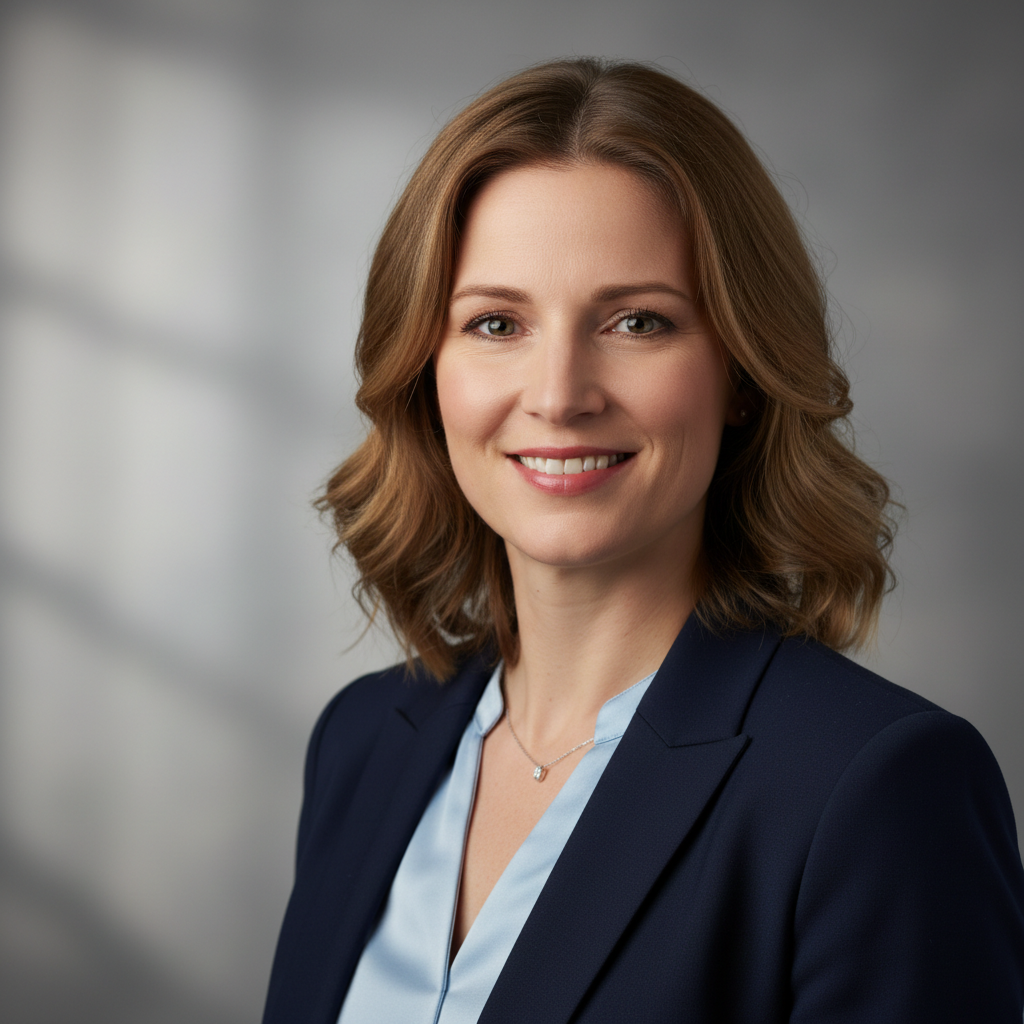 Ultra-realistic professional corporate headshot of a European woman in her late 30s, import/export manager, neutral studio background, soft natural lighting, business attire, confident but natural expression, high detail, authentic corporate photography style