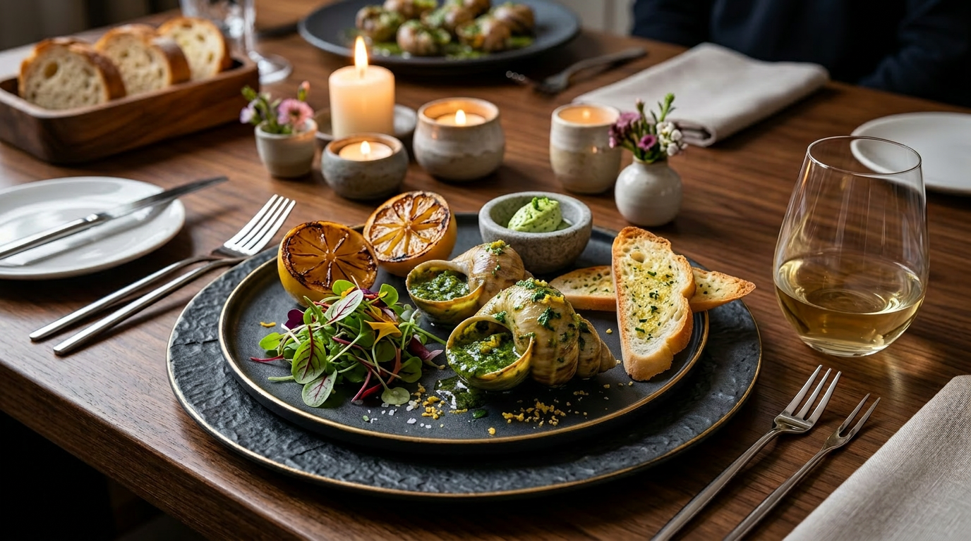 Plate with escargot in shells, herb sauce, toasted bread, lemon halves, and microgreens