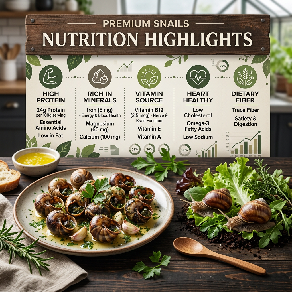 Diagram showing nutritional benefits of premium snails including protein, minerals, vitamins, heart health, and fiber with edible snails on plate and fresh greens
