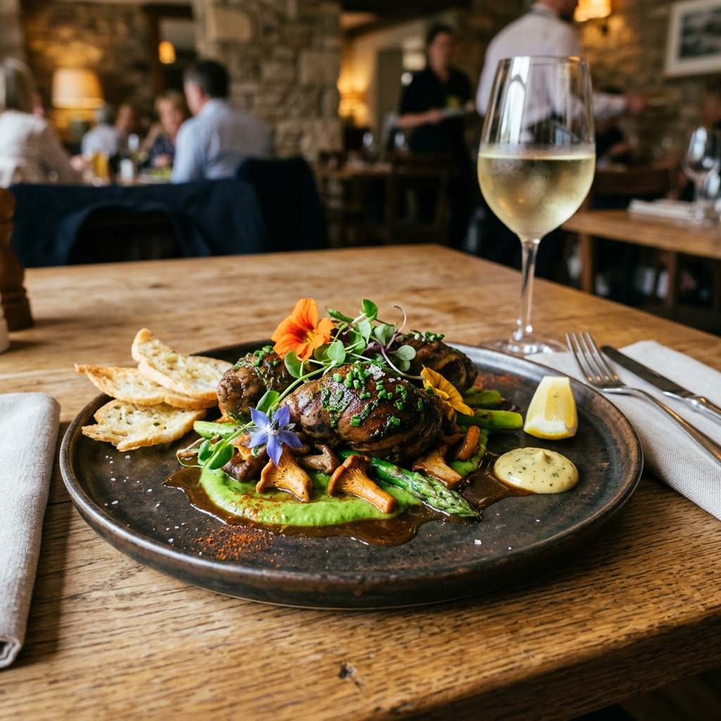 Gourmet dish with grilled meat, asparagus, mushrooms, microgreens, edible flowers, toast slices, lemon wedge, and sauce, alongside a glass of white wine.