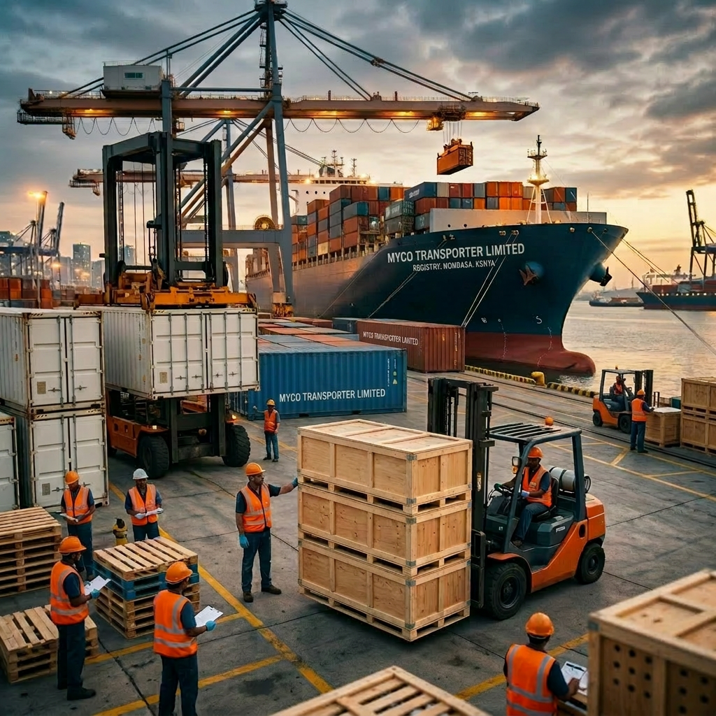 Workers in safety vests loading crates labeled live edible snails onto a forklift at seaport with container ship in background