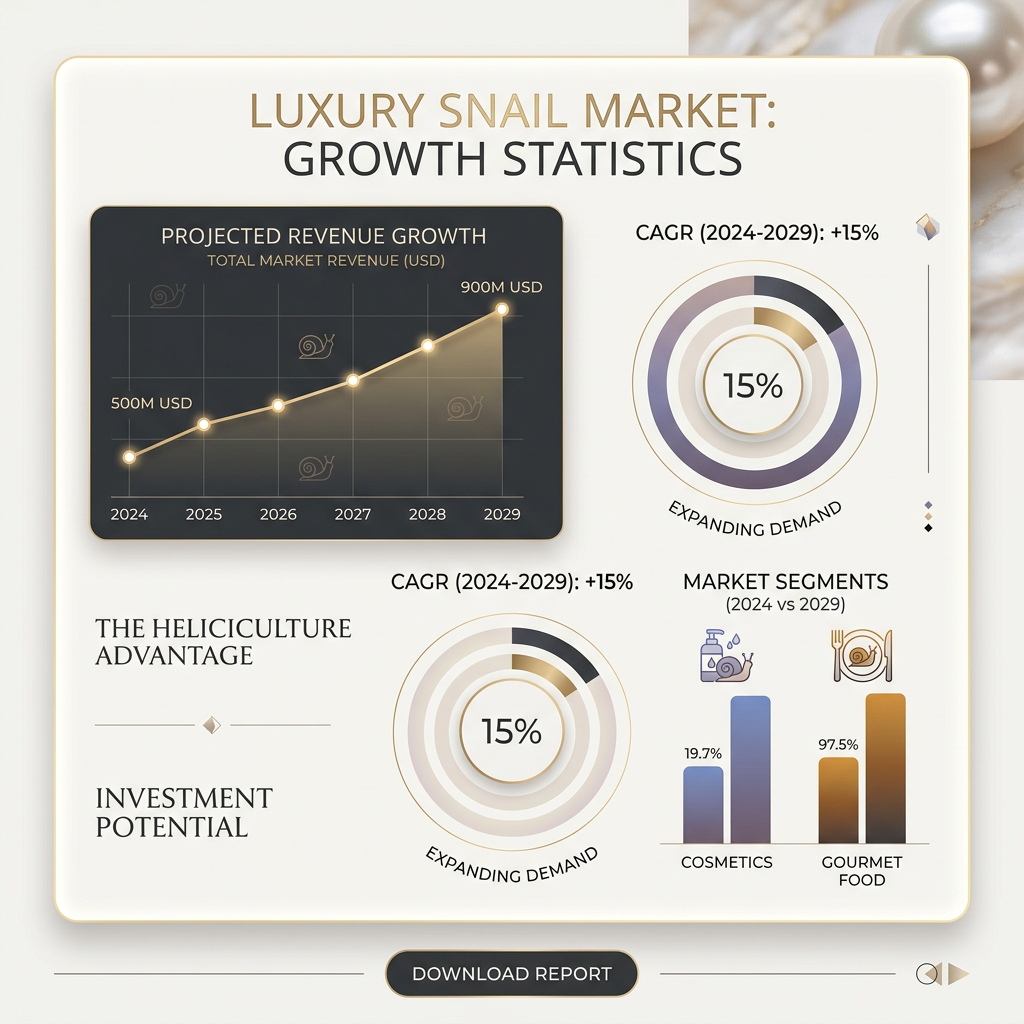 Projected revenue growth chart, CAGR 15% circular graphs, and market segments bar graph for luxury snail market